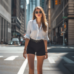 Urban Elegance: Minimalist White Blouse and Navy High-Waisted Shorts for a Chic City Cosplay Look