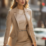 Modern Elegance in Pearl-Beige: Captivating Urban Style Inspired by Vintage Chic with Tailored Jackets, Pencil Skirts, and Cream Blouses