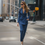 Dark Blue Blazer and Trousers Ensemble for Women: Elevate Your Style like a Corporate Queen with Sophisticated Light Blue Blouse and Feminine Silhouette