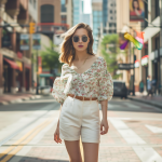 Bohemian Chic Urban Fashion: Cream Floral Blouse and White High-Waisted Shorts for Effortless Style