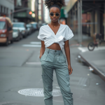 Urban Elegance: Stylish White Crop Top, Grey Trousers, and Chic White Sneakers for Effortless City Fashion