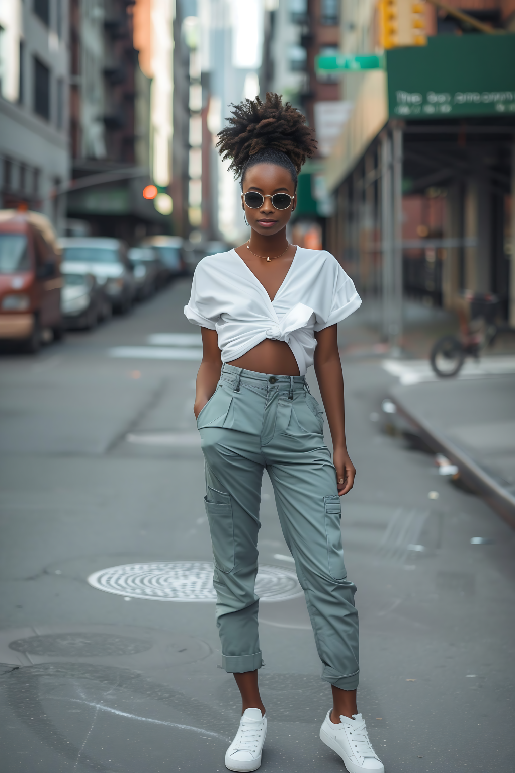 Urban Elegance: Stylish White Crop Top, Grey Trousers, and Chic White Sneakers for Effortless City Fashion
