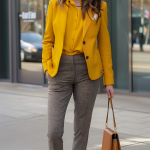 Mustard Yellow Elegance: Chic Blazer, Plaid Trousers, Caramel Heels for a Sophisticated Modern Look