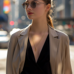 Chic Beige Monochromatic Suit: Urban Elegance Inspired by Golden Hour Cosplay with Tailored Blazer, Flared Trousers, and Effortless Ash-Blonde Hair