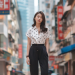 Chic Urban Cosplay: Elevate Your Style with Playful Polka-Dot Blouses, Tailored Midnight Blue High-Waisted Pants, and Crisp White Footwear