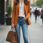 Chic Elegance: Burnt Sienna Blazer, White Blouse, Light Wash Jeans and Black Sandals for Effortless Modern Sophistication