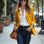 Mustard Yellow Blazer Outfit: Elevate Your Style with Chic Elegance, Creamy White Silk Blouse, and High-Waisted Dark Jeans for a Contemporary Urban Look