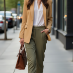 Urban Elegance: Chic Camel Blazer and Olive Green Trousers for Smart-Casual Style