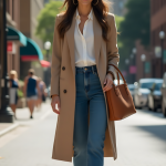 Chic Beige Trench Coat, Crisp White Blouse, and High-Waisted Indigo Jeans for Effortless Urban Sophistication