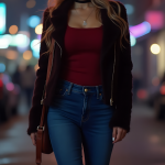 Elevate Your Urban Chic: Burgundy Jacket, Crimson Top, and Indigo Jeans for a Confident Cosplay Style