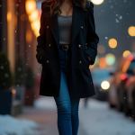 Urban Winter Fashion: Chic Black Coat, Gray Knit Top, Indigo Jeans, and Black Lace-Up Boots for Effortless Sophistication
