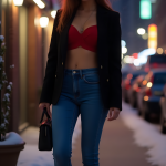 Urban Fashion Confidence: Scarlet Cropped Top, Tailored Black Blazer, Midnight Blue Jeans, and Sleek Ankle Boots