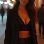 Urban Elegance: Black Blazer, Shimmering Sequined Bralette, Leather Mini Skirt in Daring Nighttime Style Inspired by Carmen Sandiego