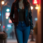 Urban Chic Fashion: Black Leather Jacket, Charcoal Top, and Cobalt Blue Jeans Inspired by Nighttime Urban Aesthetics