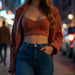 Rust-Colored Crop Top, Tailored Blazer, and Dark Wash Jeans: Urban Chic Cosplay Inspiration