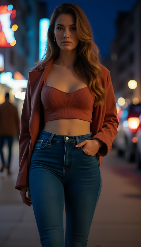 Rust-Colored Crop Top, Tailored Blazer, and Dark Wash Jeans: Urban Chic Cosplay Inspiration
