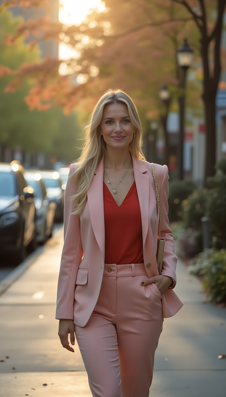 Blush-Pink Pantsuit: Elevate Your Style with Modern Feminine Power and Chic Red Blouse