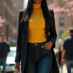 Effortless Urban Elegance: Vibrant Sunflower Yellow Turtleneck, Sleek Black Coat, Dark Indigo High-Waisted Jeans, and Elegant Leather Handbag for Timeless Cosplay Style