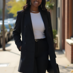 Urban Chic: Stylish Black Blazer, White Blouse, Tailored Trousers and Minimalist Accessories for a Sophisticated Look