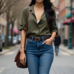 Mastering Urban Chic with an Olive Green Blouse and Classic Indigo Jeans for Effortless Style