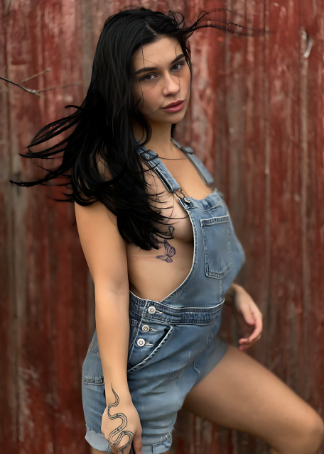 Modern Bohemian Style: Deep Blue Denim Overalls, White Minimalist Top, and Butterfly Tattoo Aesthetic