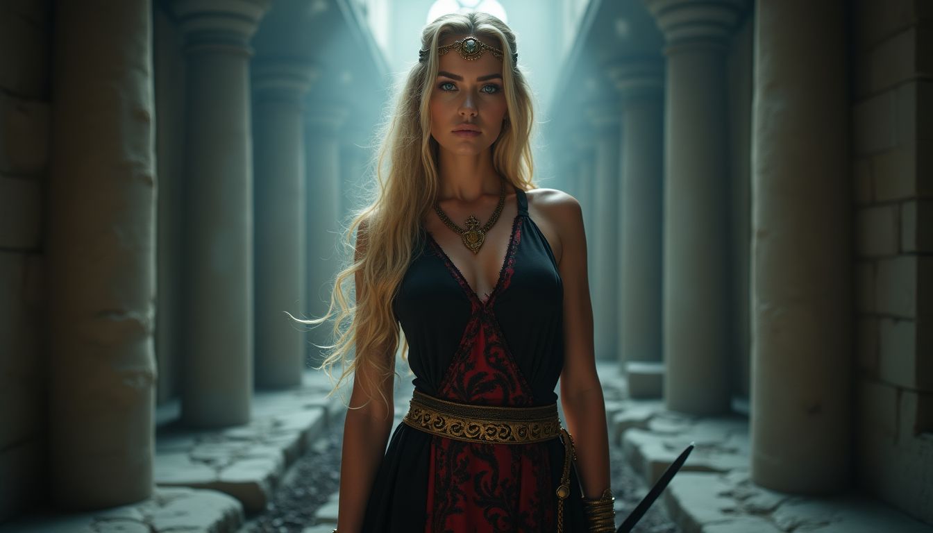 story_1736177319_file Black and Red Dress with Blonde Waves and Blue Eyes: Modern Sophistication and Femme Fatale Style