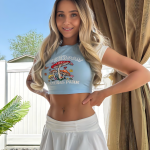 Sky Blue Crop Top and White Mini Skirt with Whimsical Mushroom Design: Playful Modern Chic Garden Fashion Style